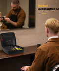 Hard Shell Barber Travel Case For Clippers And Grooming Gear, open on barbershop counter showcasing adjustable DIY dividers.