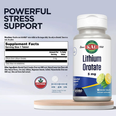 Lithium Orotate ActivMelt 5mg Lozenges Instant Dissolve Chelated Chill Mood Support For Easy Absorption Natural Lemon Lime Flavor 90 Servings 90 Micro Tablets bottle with lemon lime imagery and vegetarian symbol.