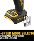 Pro Level 20V Max Brushless Cordless 3 Speed High Torque 1/4 Inch Impact Driver Kit With Xr Power Pack And Fast Charger variable speed trigger and mode selector.