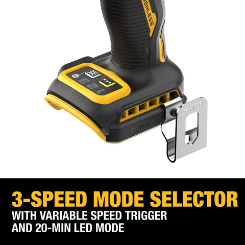 Pro Level 20V Max Brushless Cordless 3 Speed High Torque 1/4 Inch Impact Driver Kit With Xr Power Pack And Fast Charger variable speed trigger and mode selector.