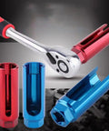 Heavy Duty Alloy Steel O2 Oxygen Sensor Socket Wrench With Anti Slip Grip For Fast O2 Removal Built For Mechanics, showing red and blue sockets.