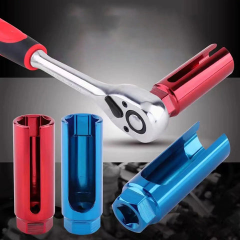Heavy Duty Alloy Steel O2 Oxygen Sensor Socket Wrench With Anti Slip Grip For Fast O2 Removal Built For Mechanics, showing red and blue sockets.