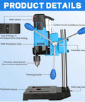 Mini Benchtop Drill Press With 1200W Motor And Six Variable Speeds Includes Heavy Duty Bit Kit Two In One Swiveling Mount features detailed parts including start switch, precision drill bit, and adjustable speed.