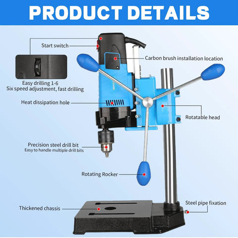Mini Benchtop Drill Press With 1200W Motor And Six Variable Speeds Includes Heavy Duty Bit Kit Two In One Swiveling Mount features detailed parts including start switch, precision drill bit, and adjustable speed.