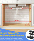 No Sweat Slick 3 Tier Under Sink Organizer Height Adjustable Metal Pull Out Cabinet Shelf with dimensions for fitting under sink.