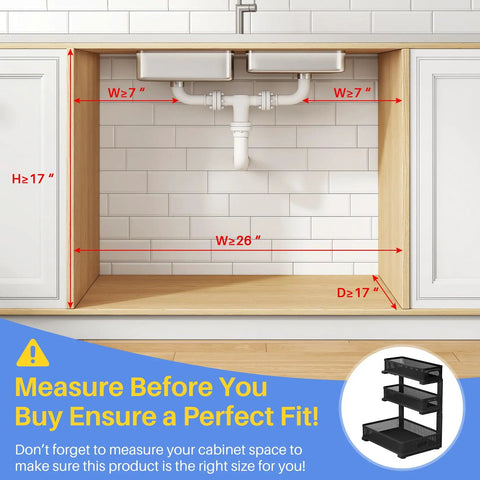 No Sweat Slick 3 Tier Under Sink Organizer Height Adjustable Metal Pull Out Cabinet Shelf with dimensions for fitting under sink.