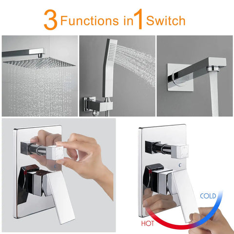 10 Inch All Metal Shower System With Tub Spout, Wall Mount, And Hand Shower, 3 Function Rainfall Shower Head, Built-In Diverter