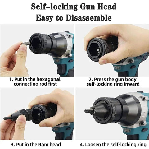 Self-locking gun head assembly instructions for Smooth Riding Heavy Duty Cordless Electric Rivet Nut Gun With 5.2ah Battery Pack.