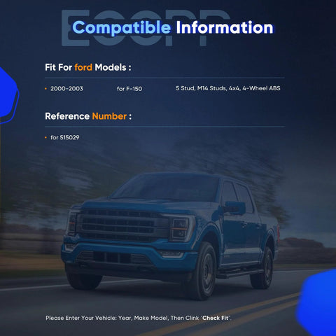 Brochure showing compatibility of Wheel Hub And Bearing Assembly Front 515029 for Ford F150 2000-2004 5 Lugs 4x4 ABS.