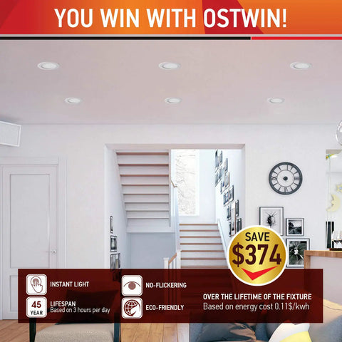 Living room with Ultra Thin 6 Inch LED Recessed Light Kit 12W 95W Equivalent 840 Lumens Dimmable IC Rated Canless, energy savings info