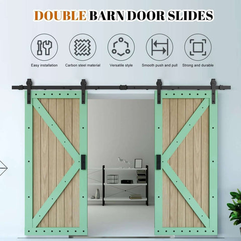 Heavy Duty 8 Ft Double Sliding Barn Door Hardware Kit In Black Carbon Steel With J-Shape Track For Two Doors, Smooth Quiet Roller System, Space-Saving Design For Interior Closet And Bedroom, Door Not Included