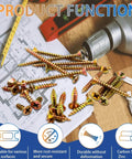 M4 Wood Screws Assortment Kit 340 Pcs With 7 Lengths displayed on blueprint with tools, showcasing yellow zinc plating and self-tapping feature.