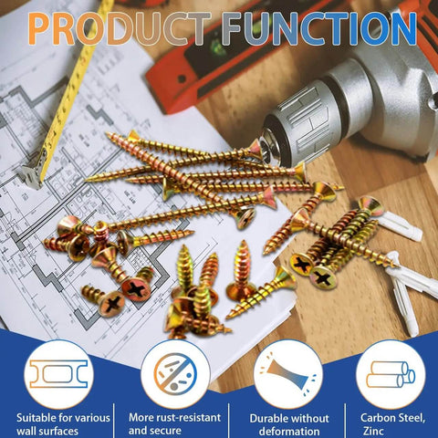 M4 Wood Screws Assortment Kit 340 Pcs With 7 Lengths displayed on blueprint with tools, showcasing yellow zinc plating and self-tapping feature.