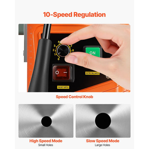 Front view of VEVOR magnetic drill press with speed control knob and ON/OFF switches on orange body.