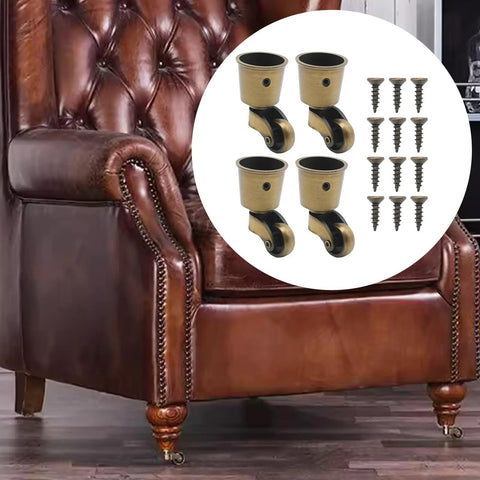 Four Piece Antique Brass Furniture Casters Crafted From Solid Cast Zinc Alloy Featuring Hella Smooth 360 Degree Swivel Rollers on a leather chair.