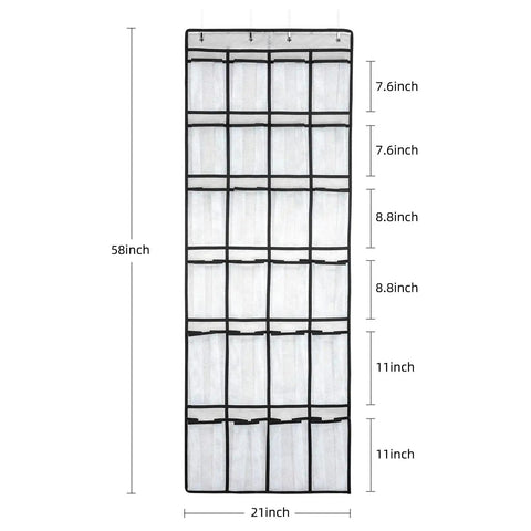 Over The Door Space Saver Shoe Organizer With 24 Mesh Pockets Hanging Shoe Rack for doors, dimensions labeled