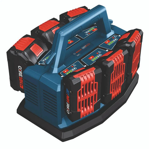 Ultra Fast 18V 6-Bay Battery Charger With 8 Amp Charge Delivers 80 Percent In 32 Minutes And 100 Percent In 50 Minutes, showing six slots