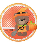 Cute bear dressed as a witch with pumpkin background, using 12pc Nesting Round Frame Die Cut Set for Cards and Scrapbooking.