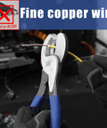 Hardcore Heavy Duty 10 Inch Cable Cutter gripping fine copper wire with a yellow wire in background, ergonomic blue handle.