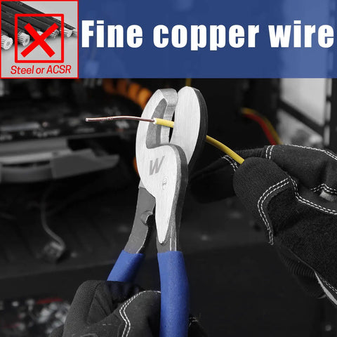 Hardcore Heavy Duty 10 Inch Cable Cutter gripping fine copper wire with a yellow wire in background, ergonomic blue handle.