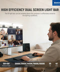 Bi Color Dual Monitor Light Bar With Stands For Home Office And Zoom Calls USB Powered LED Desk Lamp Dimmable By Remote Or Touch Perfect For Laptop Or PC Streaming Model L10, mounted on dual monitors in a home office with a man using a keyboard in front of them.