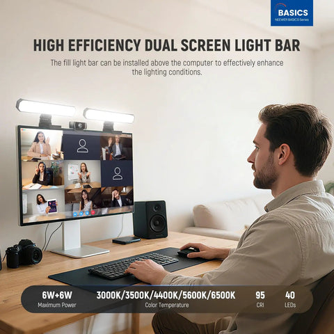 Bi Color Dual Monitor Light Bar With Stands For Home Office And Zoom Calls USB Powered LED Desk Lamp Dimmable By Remote Or Touch Perfect For Laptop Or PC Streaming Model L10, mounted on dual monitors in a home office with a man using a keyboard in front of them.