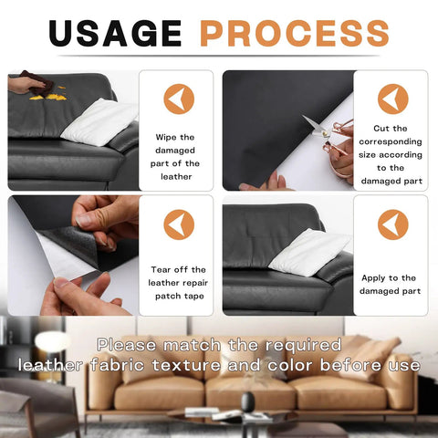 Usage steps for Leather Repair Patch 3x60In Self Adhesive Tape Kit For Furniture Couch Sofa Car Seats Car Interior Vinyl Black