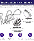 Front view of a 90-piece stainless steel hitch pin clip set (R-clips) in 6 sizes