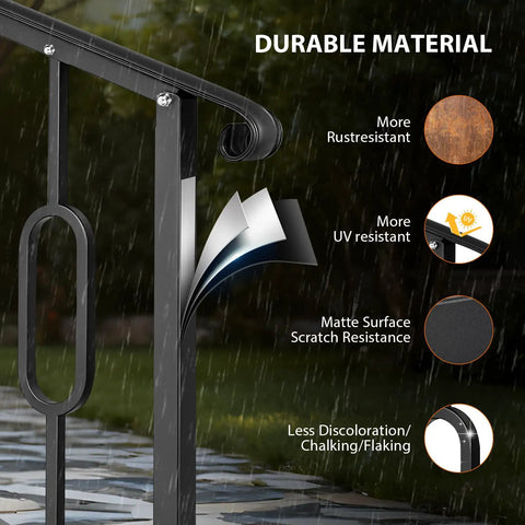 Helluva Strong Outdoor Stair Handrail For Two Or Three Steps Solid Black Wrought Iron showcases durable, weather-resistant materials.