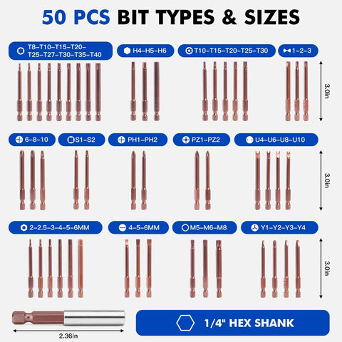 Premium 50 Pc Security Screwdriver Bit Set With S2 Steel Torx Hex Phillips Tamper Proof Bits, Magnetic Precision Driver Kit For Heavy Duty Repair Projects That Slays The Strip Game And Lasts Forever. 50-piece 3.0in 1/4 hex shank bit set