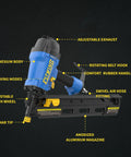 Lightweight 21 Degree Framing Nailer with depth adjustment, magnesium body, dual trigger, and swivel fitting on black background.