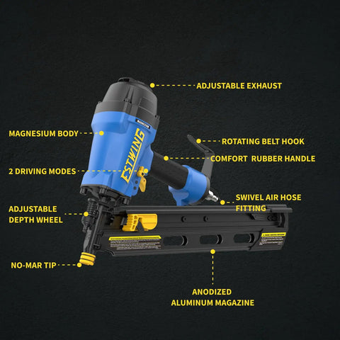 Lightweight 21 Degree Framing Nailer with depth adjustment, magnesium body, dual trigger, and swivel fitting on black background.