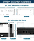 48V 100Ah 5KWh Lithium LiFePO4 Battery and 48V-120V Hybrid Solar Inverter dimensions, front and side views