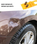 Professional Grade Paintless Dent Removal Kit Featuring Sturdy Pullers And Strong Glue Tabs To Knock Out Dinged Up Bumpers Fenders And Hoods Restore Your Banged Up Ride Clean Now with yellow puller on car dent.