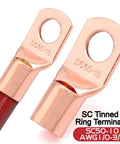 Straight Plug Zero Gauge CCA Battery Cable 40 Foot Spool With Top Shelf Crimp Lugs And Heat Shrink Tubing showing SC tinned ring terminals.