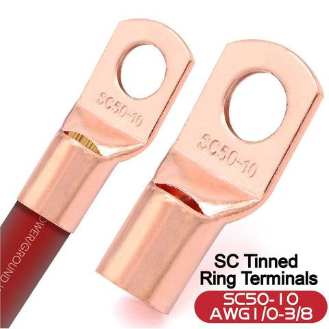Straight Plug Zero Gauge CCA Battery Cable 40 Foot Spool With Top Shelf Crimp Lugs And Heat Shrink Tubing showing SC tinned ring terminals.