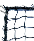 Close-up of twisted knotted nylon baseball backstop net with one and seven eighths inch square mesh, metal clip on border