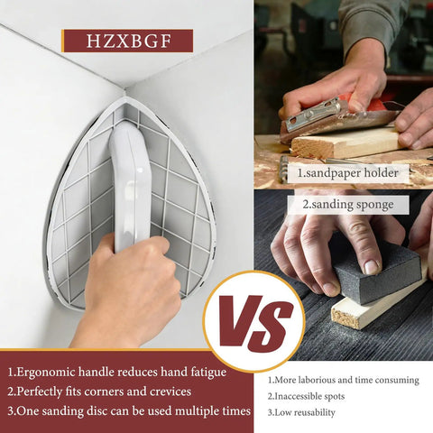 Comparison of ergonomic drywall corner sander kit with hook and loop discs versus traditional sanding tools in action.