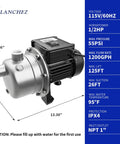 Half Horsepower Shallow Well Pump With 1200 GPH Flow, Stainless Steel Garden Jet Pump For Water Transfer And Irrigation, 115V, dimensions shown