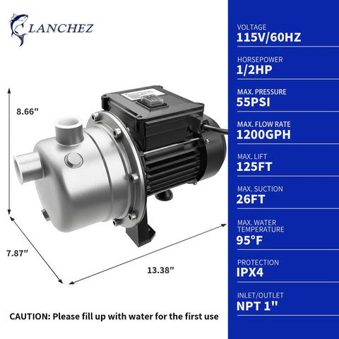 Half Horsepower Shallow Well Pump With 1200 GPH Flow, Stainless Steel Garden Jet Pump For Water Transfer And Irrigation, 115V, dimensions shown
