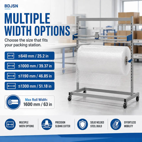 Rock Solid Industrial Packaging Roll Stand With No Hassle Slide Cutter And Easy Roll Casters for bubble wrap in a warehouse.