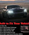 Image showing Tazer OBD2 Plug In Module For Dodge Challenger 2015 To 2023, Dodge Charger 2011 To 2023, Chrysler 300 with car in background