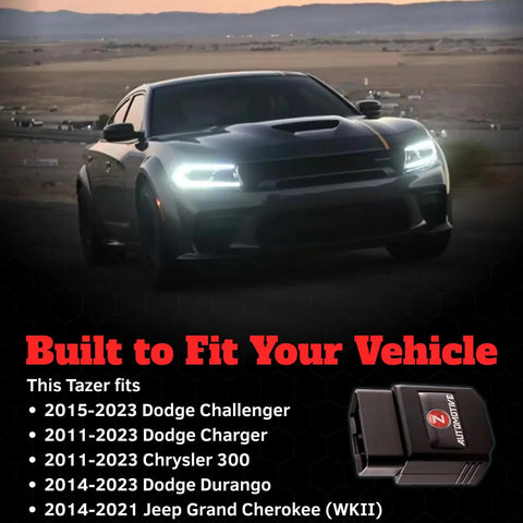 Image showing Tazer OBD2 Plug In Module For Dodge Challenger 2015 To 2023, Dodge Charger 2011 To 2023, Chrysler 300 with car in background