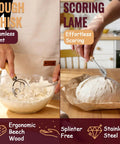 Baker using dough whisk and scoring lame from the Complete Sourdough Starter Kit With Round 9 Inch Proofing Basket Oval 10 Inch Proofing Baskets 32 Ounce Starter Jar With Linen Cover Silicone Spatula And Essential Bread Baking Tools For Home Kitchen.