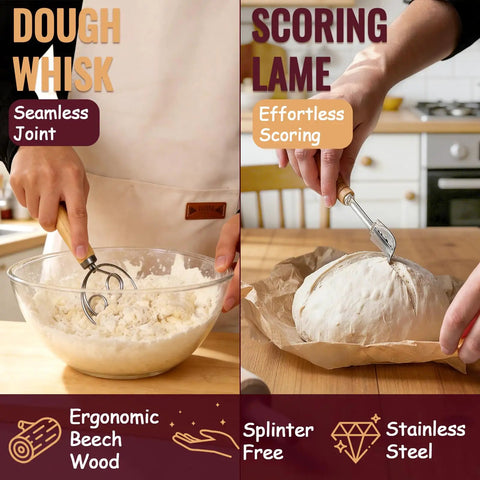 Baker using dough whisk and scoring lame from the Complete Sourdough Starter Kit With Round 9 Inch Proofing Basket Oval 10 Inch Proofing Baskets 32 Ounce Starter Jar With Linen Cover Silicone Spatula And Essential Bread Baking Tools For Home Kitchen.