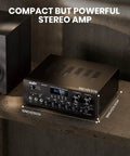 Bluetooth 5.0 Stereo Amplifier Receiver for Karaoke and Home Theater, 2 Channel 400W Peak Power shown on a shelf