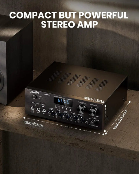 Bluetooth 5.0 Stereo Amplifier Receiver for Karaoke and Home Theater, 2 Channel 400W Peak Power shown on a shelf