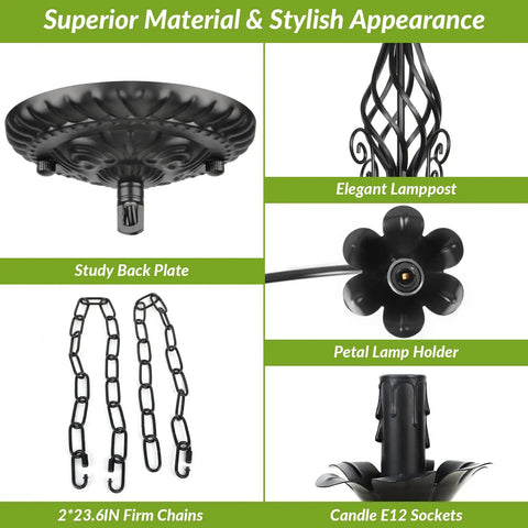 Close-up details of Six Light Farmhouse Candle Chandelier For Living Room And Kitchen, Rustic Industrial Pendant Ceiling Light Fixture components.