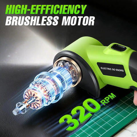 Close-up of 4V Cordless Electric Scissors With 2600mAh Battery, highlighting brushless motor features and performance.