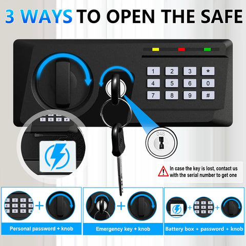 Close-up of electronic keypad and keys for 3.3 Cu Ft Large Fireproof Safe For Home Use With Electronic Keypad And Spare Key Removable Shelf Digital Lock Waterproof Keeps Your Stuff Safe For Cash Documents Jewelry Laptops And Valuables